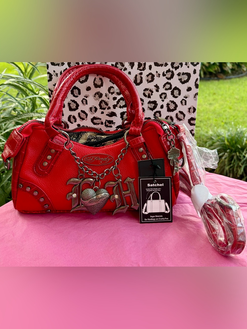 NWT ED HARDY Red Satchel/Crossbody with Decorative Charm Chain & Gift Ready❤️🎁🎊 - Picture 7 of 10